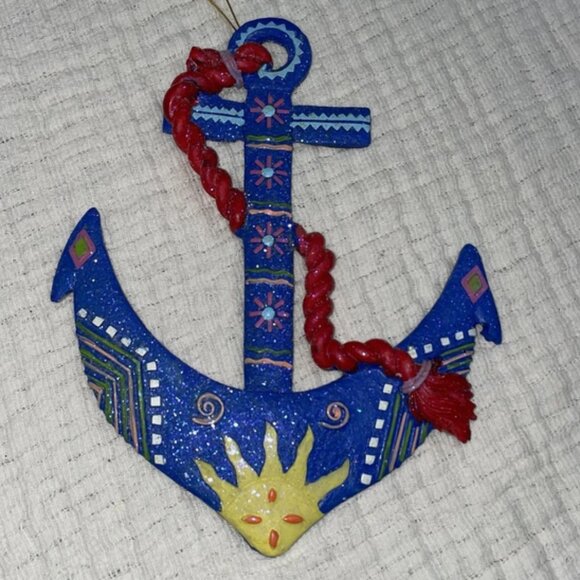 Nautical Boat Anchor Christmas Ornament 7 in Blue Hand Painted - Picture 1 of 4